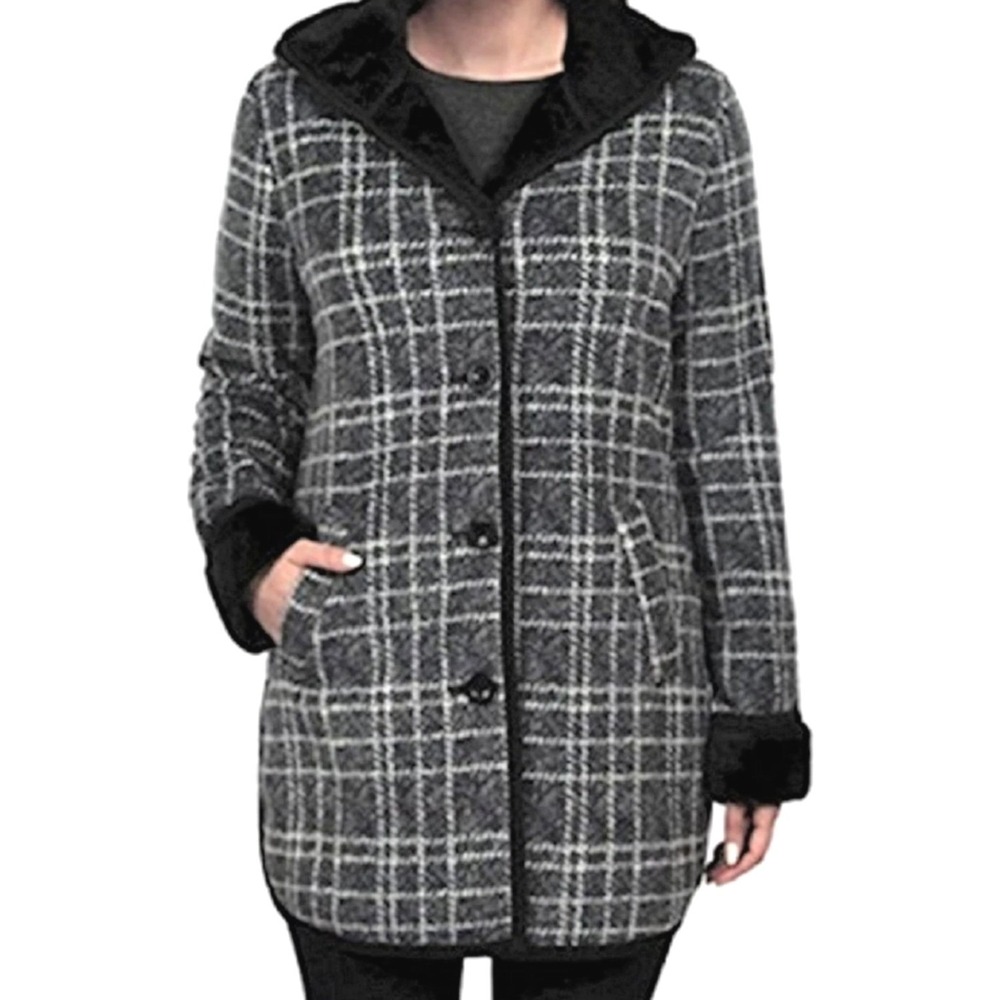 Ike Behar Womens XL Pre-Owned Hooded Plush Lined Grey Plaid Button Front Jacket